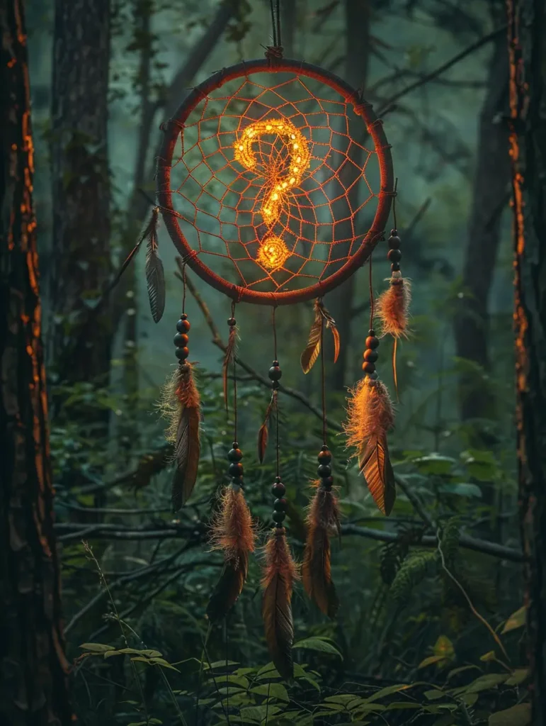 Mystical question mark, ethereal dreamcatcher in the forest.