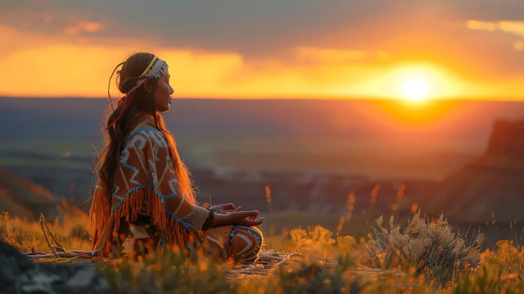 A person mediating with the sun rising.